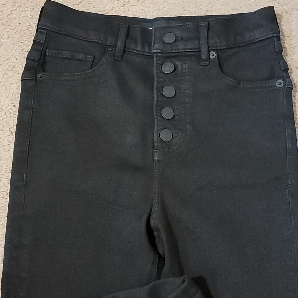 Express Button Up Fly Black Skinny coated Jeans 0, V detailing on back